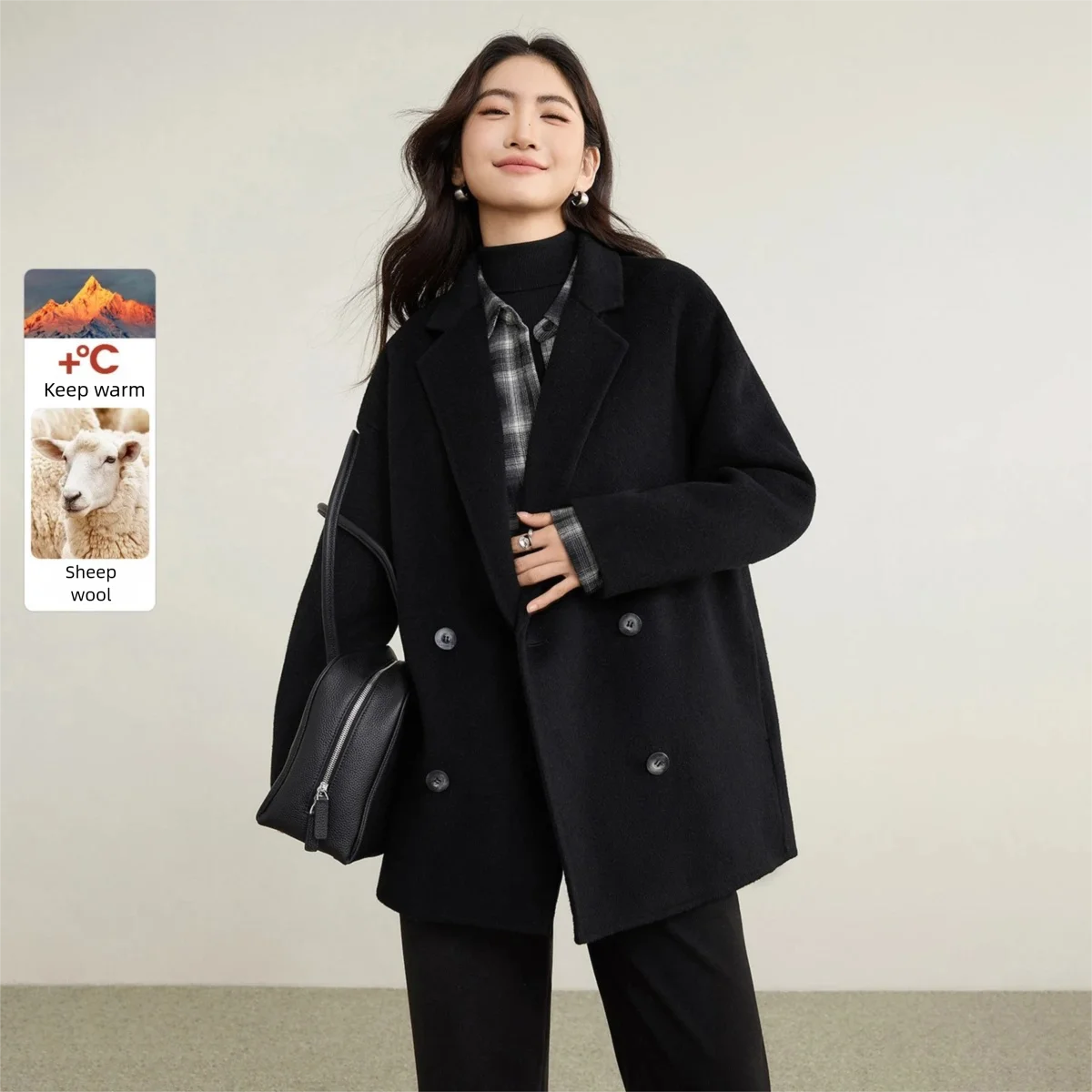 

SENTUBILA Woolen Coat for Women 2025 Winter Black Double-faced Warm Coats Double Breasted Long Loose Fit Female Coats W54OA2039