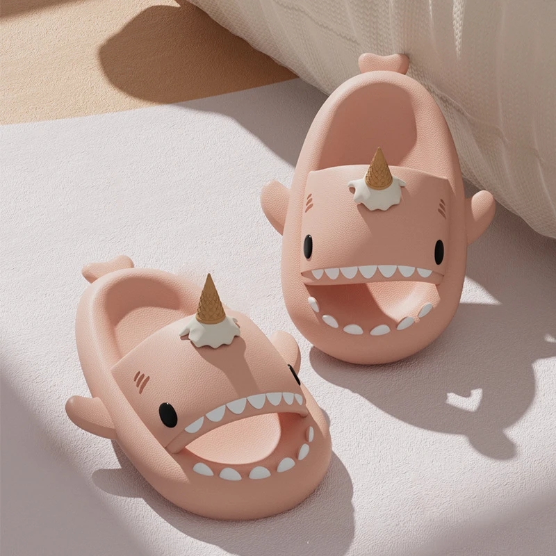 Cute Ice cream Shark Slippers Women Men Summer Shoes Thick Sole Anti-slip Indoor Bathroom Slides Couples Beach Street Sandals