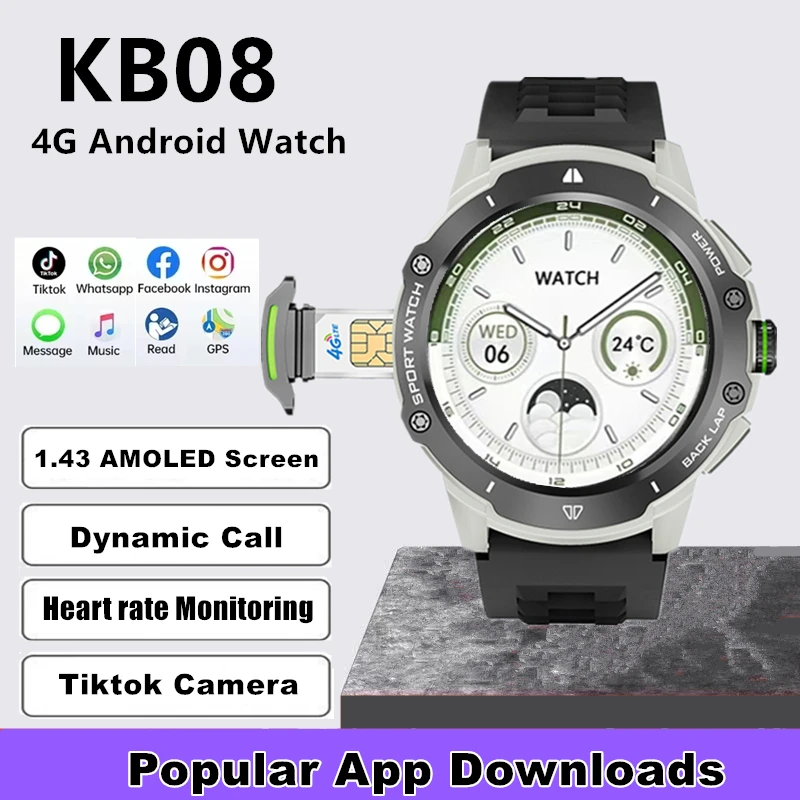 KB08 Smart Watch 4G Network SIM Card 1.43''AMOLED 200W Camera with GPS Wifi Google Play Dynamic Dial Android for Men Women 2024