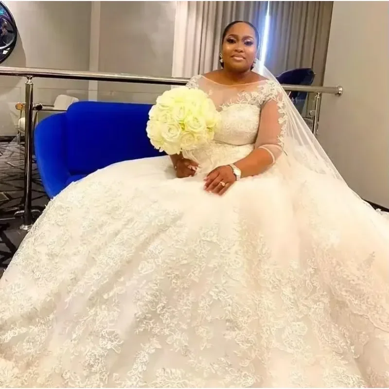 Customized White Lace Plus Size Wedding Dress Illusion Jewel 3/4 Sleeves Corset Up Back Big Lady African Bridal Gowns