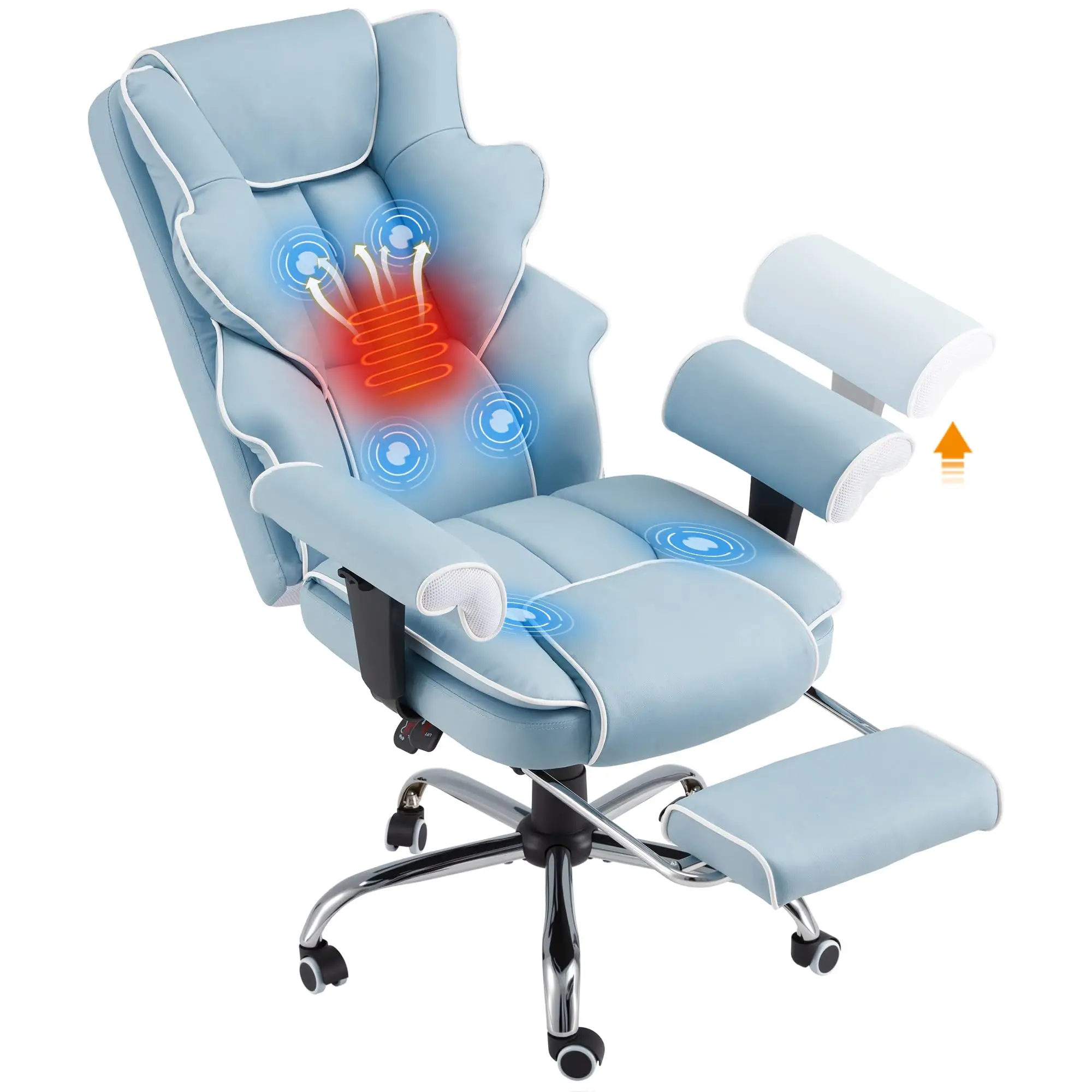6-Point Massage Heated Executive Office Chair with Footrest,Airy Blue