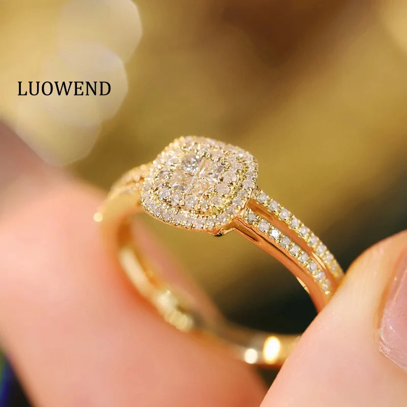 

LUOWEND 18K Yellow Gold Rings Shiny 0.40carat Real Natural Diamond Engagement Ring for Women Classic Cushion Shape High Jewelry