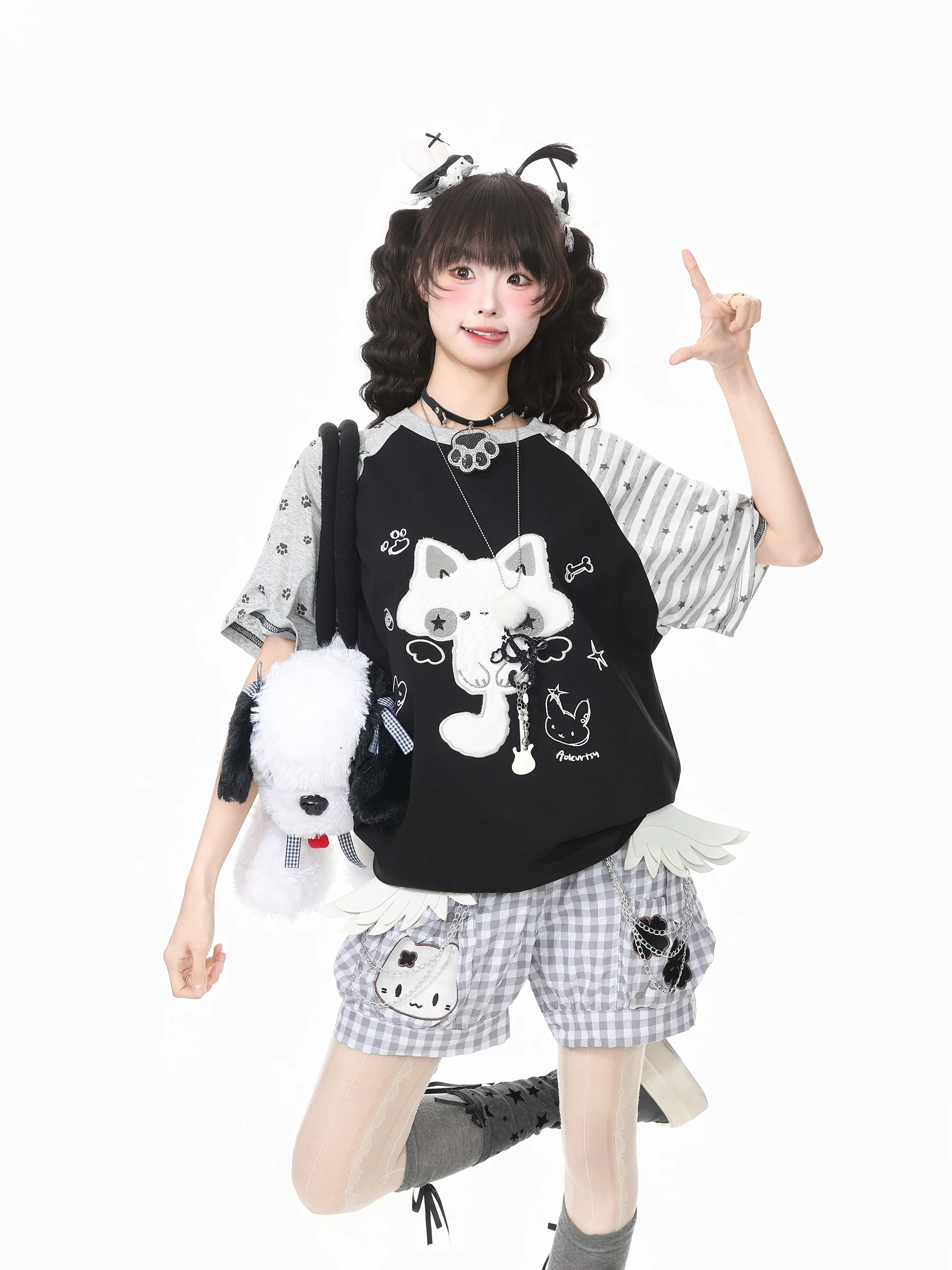 Blue Ghost Park Languid Park Women's Summer Loose Fit Short Sleeve T-Shirt Embroidered Striped Star Casual Cotton Top