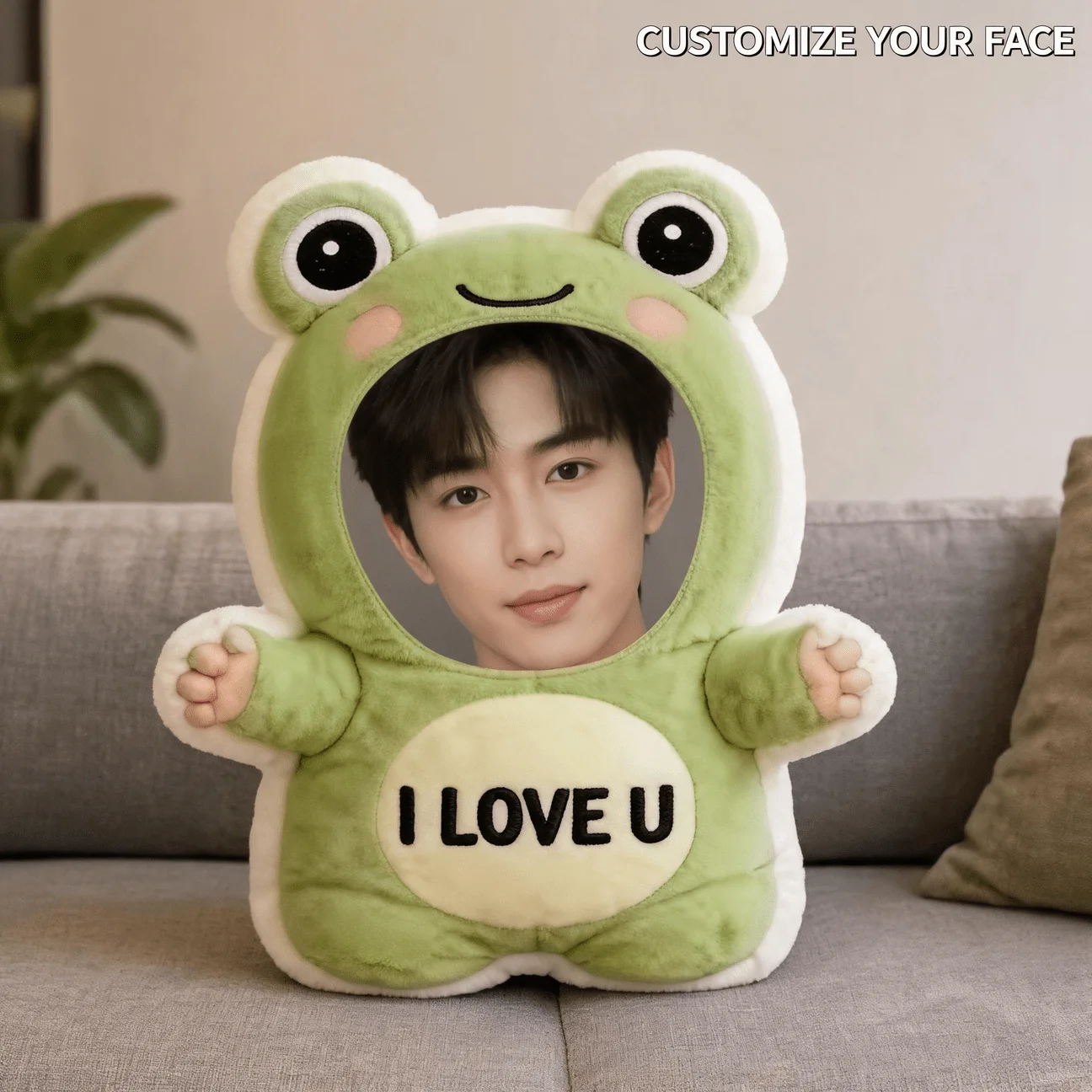Custom Face Frog Shaped Pillow, Personalized Photo Decorative Cushion with I LOVE U Design, 23.62inch Accent Pillow for Sofa & B