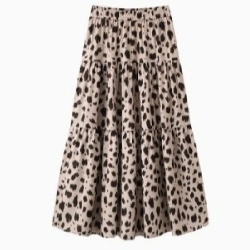 봄 스타일 허리 슬림핏 유럽풍 미국풍 드레이프 크로치 커버 레오파드 프린트 케이크 롱 스커트 넓은 밑단 여성용 스커트