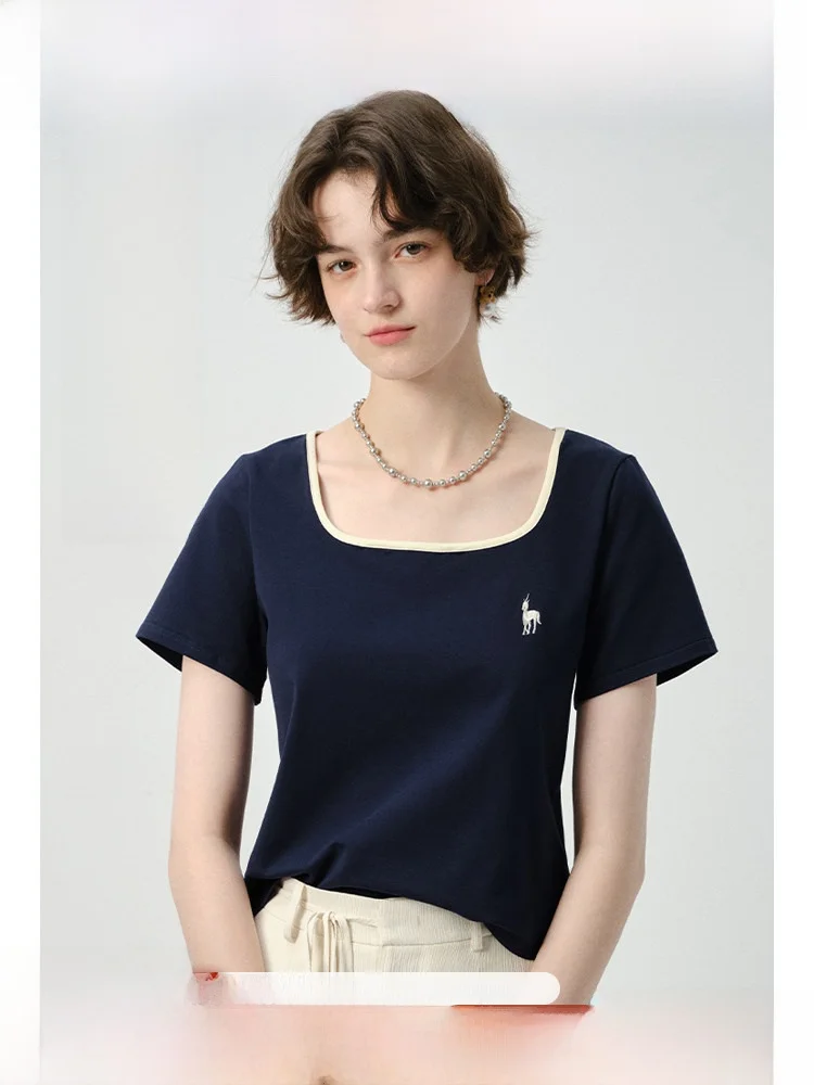 

Женская футболка больших размеров Rui с квадратным вырезом, охлаждающая, приталенная, с коротким рукавом, вышивкой, новая летняя, в стиле колор-блок