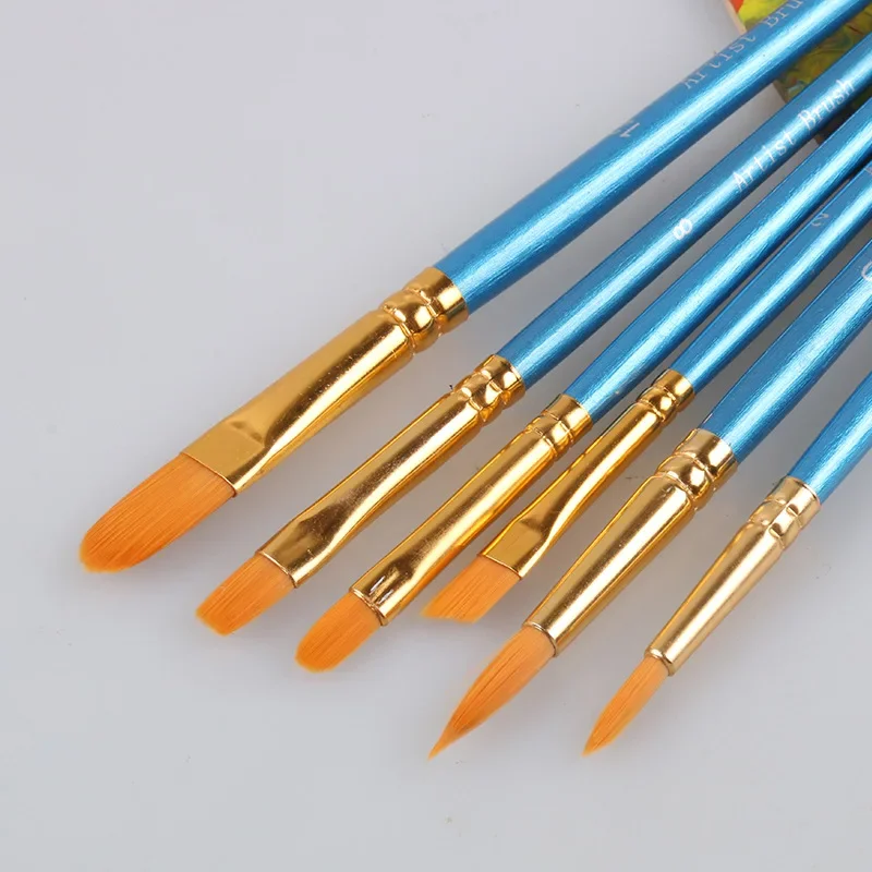 Various types of nylon brushes 6 pcs sets wooden red rod painting brushes sets pigment brushes art painting materials supplies