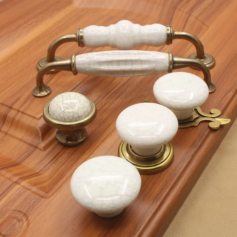 European Retro Door Drawer Pull Cracked Ceramic Bronze Single Hole Handle 2Pcs Pack Universal Home Furniture