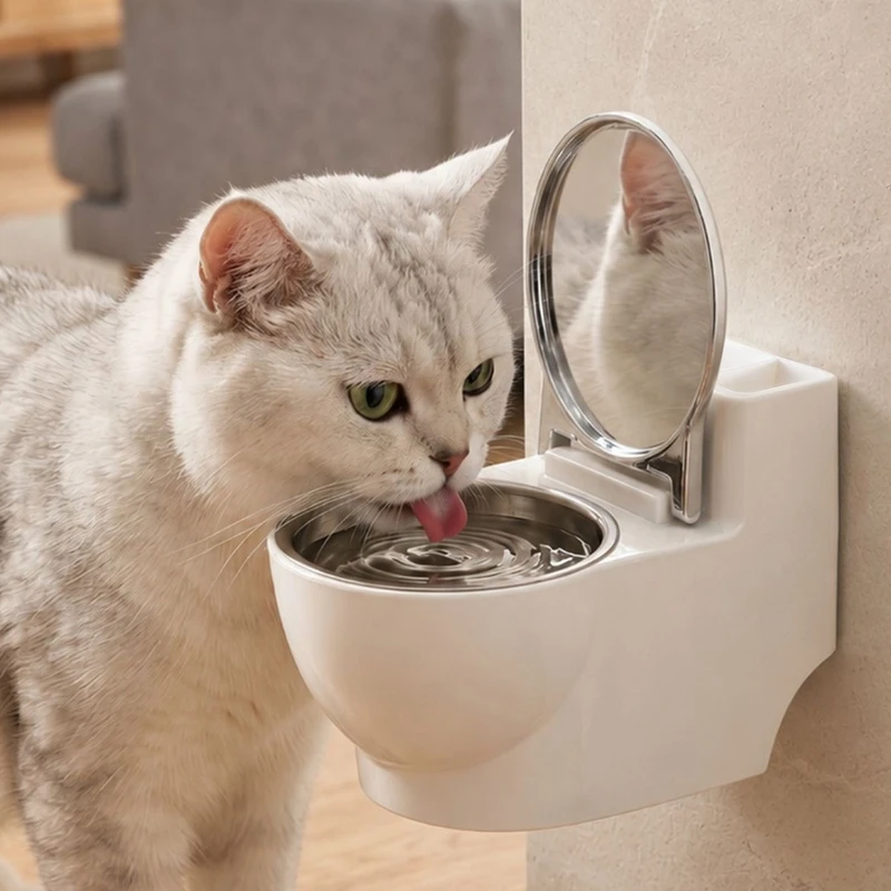 Hanging Wall Mount Cat Feeder Bowl with Lid,Toilet Style Pet Water Dispenser,Anti Splash Food Water Dish for Kitty Daily Feeding