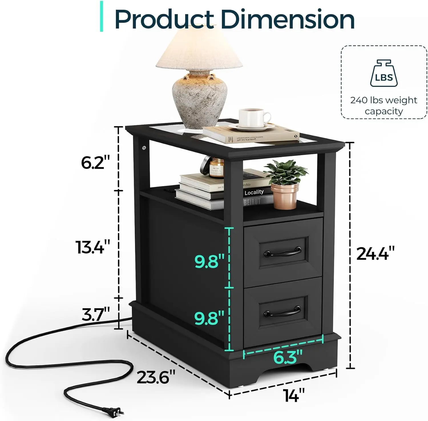 Linsy Home Narrow End Table With Charging Station, Side Table With Glass Top, Open Shelf, And 2 Drawers, Small Sofa Table With