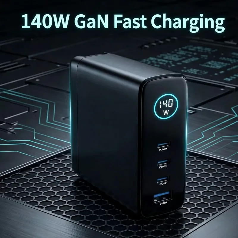 140W Multi-Port GaN Smart Charger with TFT Digital Display 3C1A 4-Port Desktop PD3.1 USB Type C Charger for Phones, Laptops