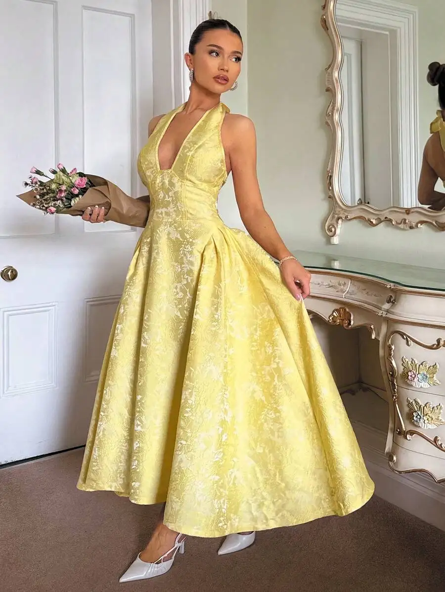 

Yellow Floral Jacquard Halter V-Neck A-Line Midi Dress with Pleated Skirt