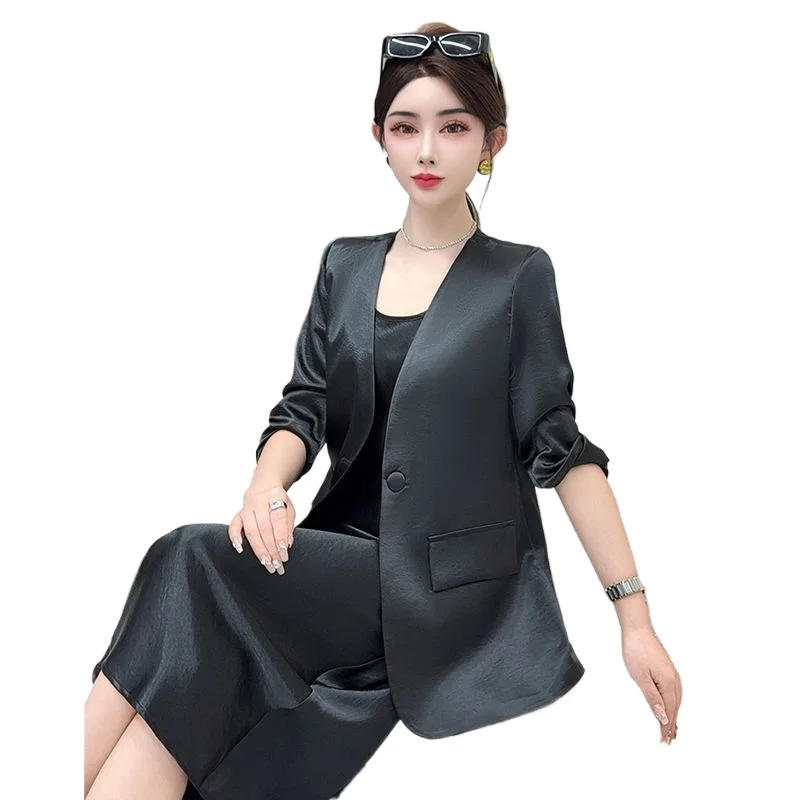 Summer  Gilt Satin Material Slim V-neck Casual Style Suit Internet Celebrity Fashion Small Suit Light Luxury Versatile Blazers