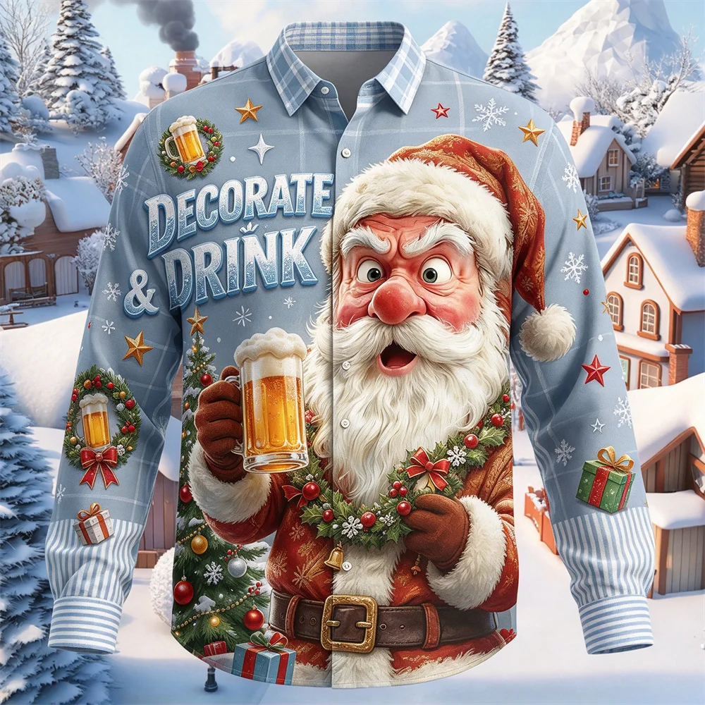 Ugly Christmas Men Long Sleeve Button Down Shirt Funny Santa Beer Plaid Print Shirt Tops Holiday Party Costume Xmas Gift For Men