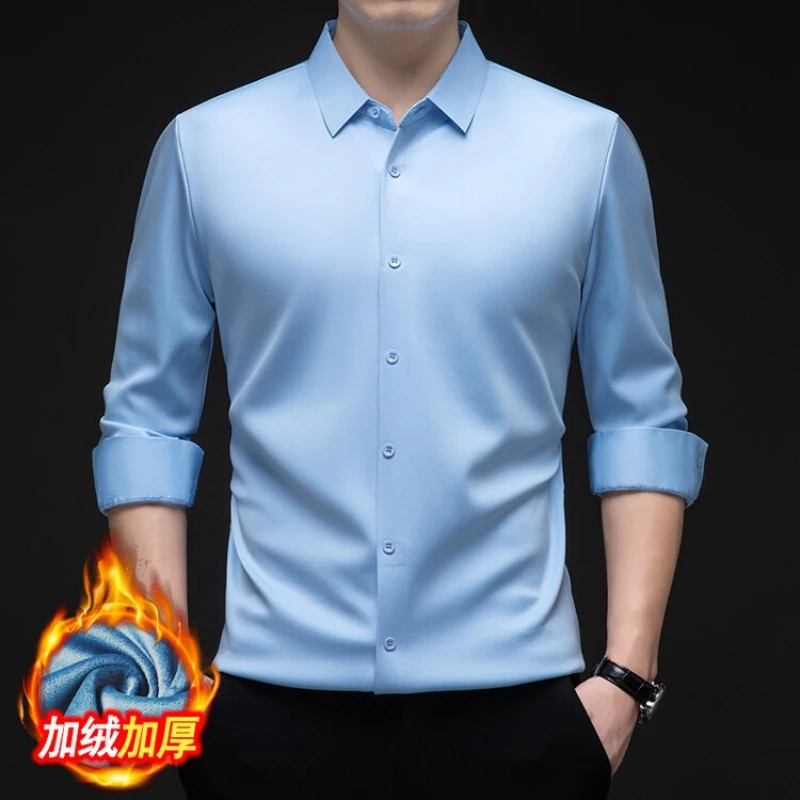 Men's Non-Pleat Dress Shirt, 210g Ultra-Soft Fleece Lined, Full Seamless Design, Sky Blue Black Burgundy​