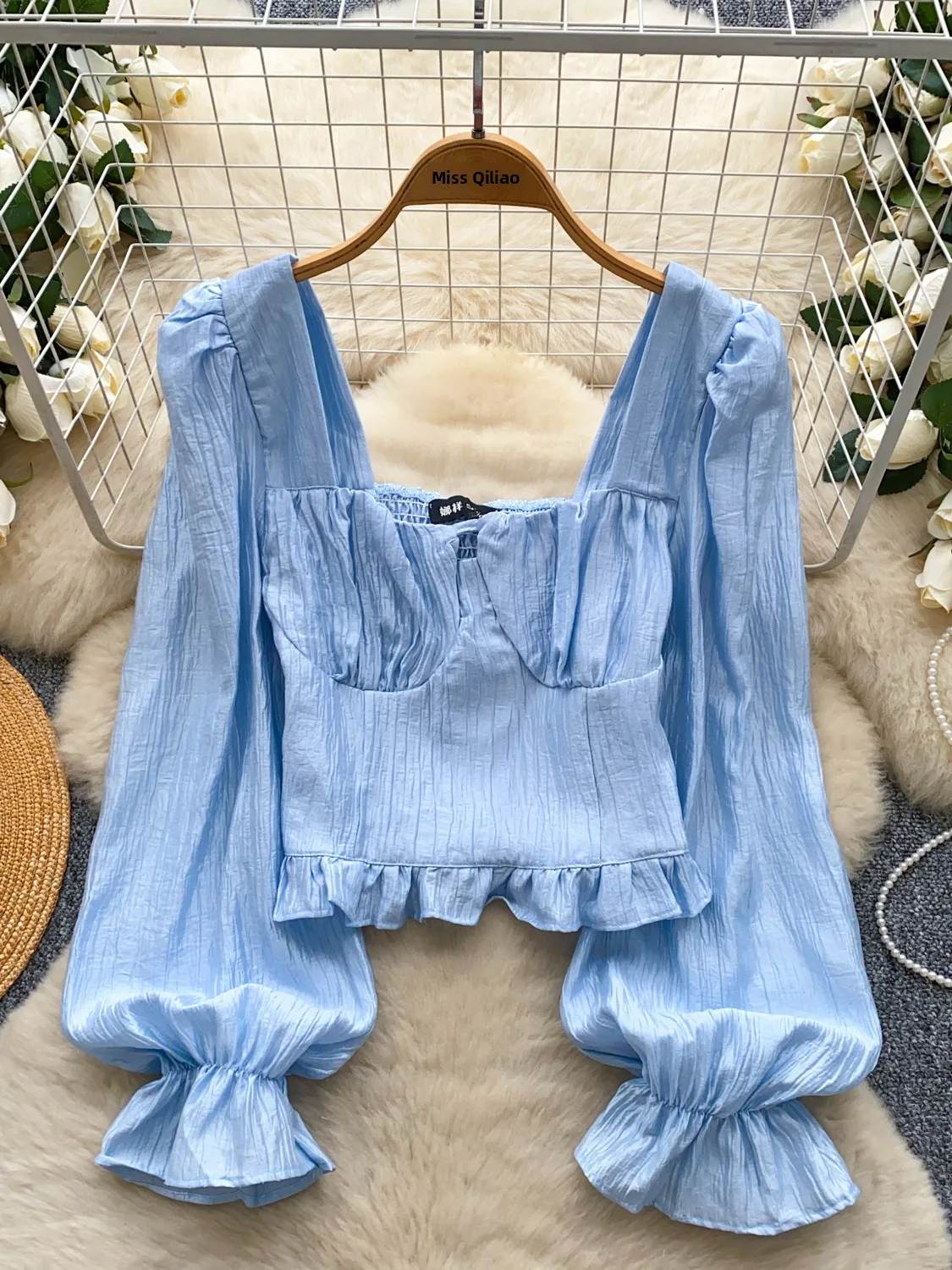 

Ele ort Lantern Sve irt Women's Faion Korean Sle Square Collar Breathable Polyester Fiber Long Sve Top