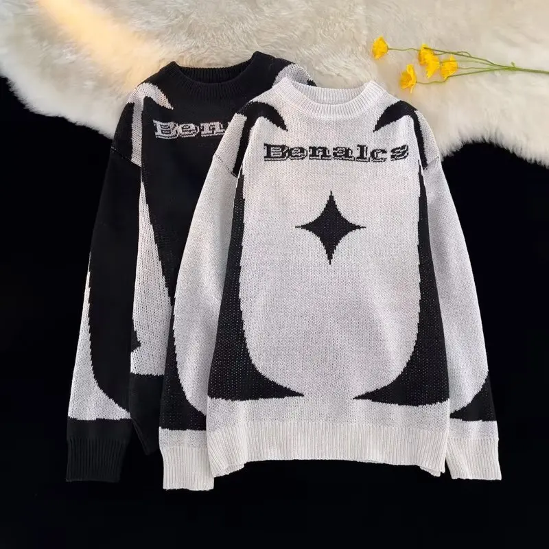 

Мужской свитер свободного кроя из трикотажа, 300 пу, в стиле ретро, с принтом в виде букв, удобный, с круглым вырезом, зимний, уличный стиль