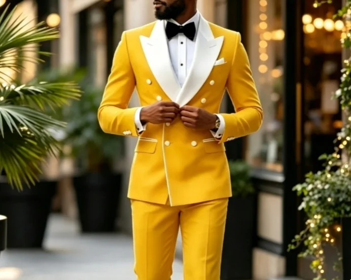 

Men Suit 2pcs Yellow Blazer with White Peak Lapel Yellow Pants Tailored Fit for Wedding Banquet Party Tuxedo Customized