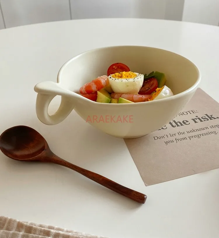 570ml Ceramic Salad Breakfast Bowl Cup Oat Yogurt Bowl Sugar Water Fruit Bowl with Grab Noodle Bowl