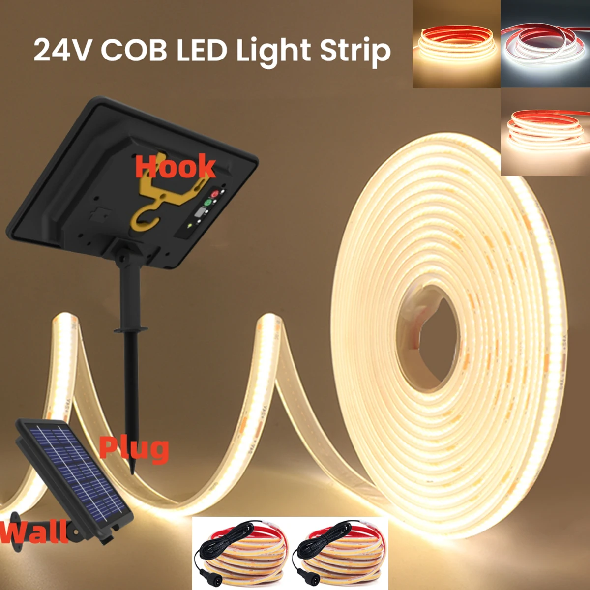 Solar COB LED Light Strip Silicone 24V Waterproof IP68 Warm Natural White 320 LEDs Flexible High Density Outdoor Linear Lighting