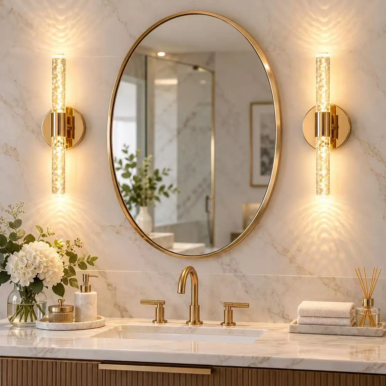 2PCS Champagne Gold Rechargeable Wall Sconces, 4400mAh Battery Operated Bubble Wall Lights with Remote Control, Magnetic No-Dril