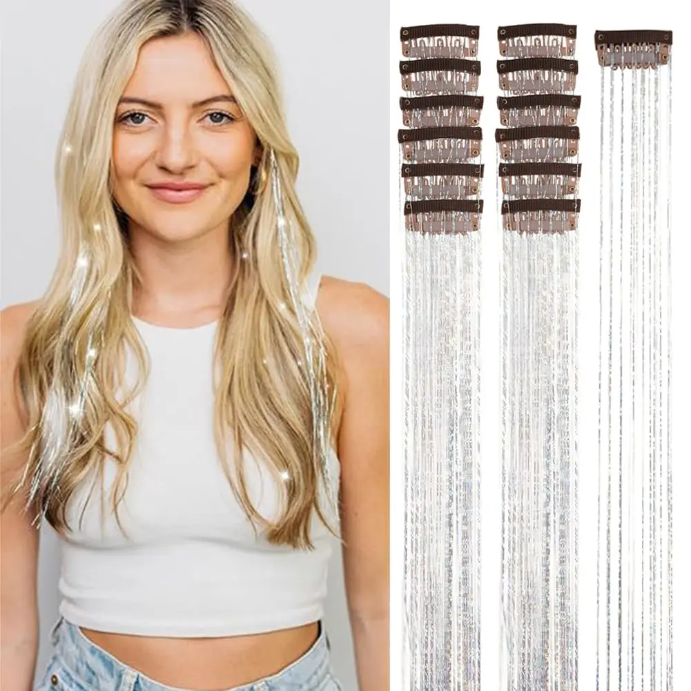 Synthetic Silver Tinsel Hair Tinsel Clip In Extensions Sparkly Long Fringe Hair Clips Women Festival Rave Party Hair Accessories