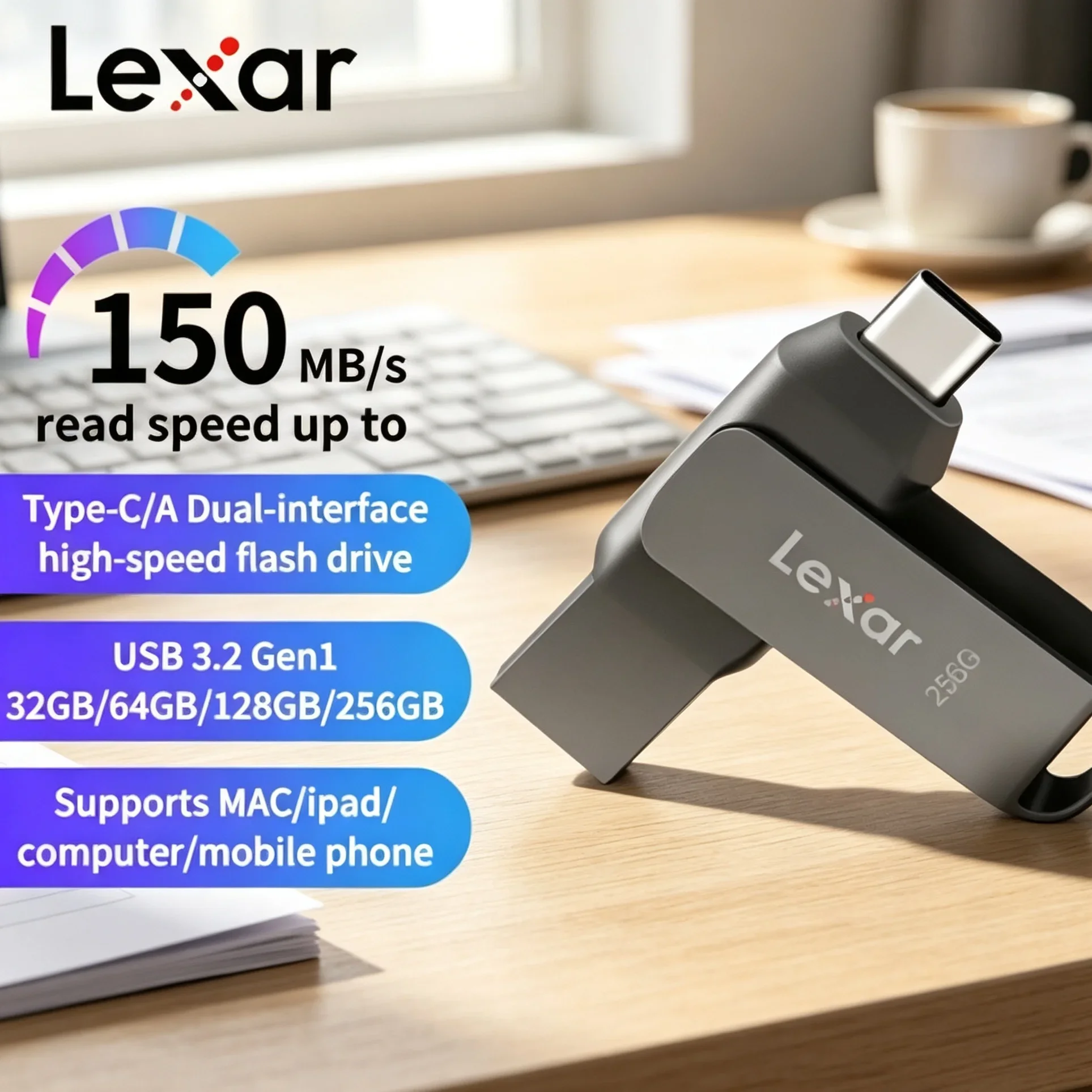 Lexar D400 USB 3.1 Type-C Flash Drive 130MB/s Metal Dual Port OTG USB Stick for Phone Backup File Transfer 32GB 64GB 128GB 256GB