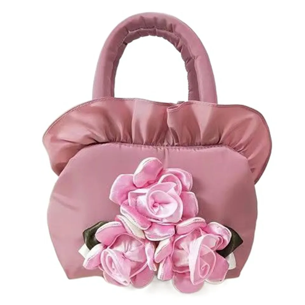 

Satin Silk Hanfu Flower Drawstrings Bag Ruffle Ethnic Style Rose Flower Handbag Storage Bag Korean Small Purse Wallet Shopping
