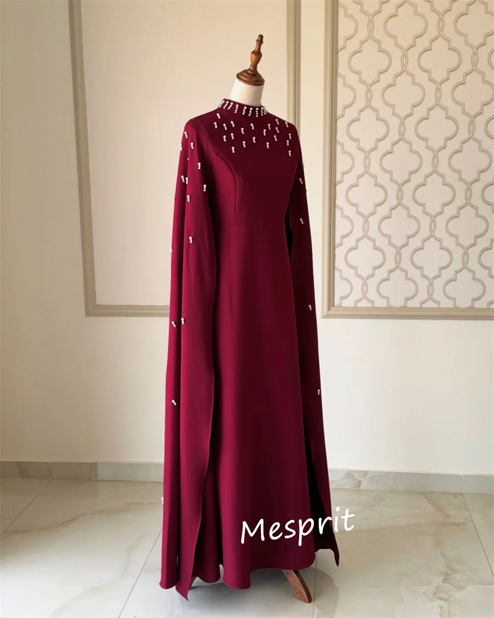 Maßgeschneidertes Jersey-Perlenkleid mit hohem Kragen, A-Linie, Midikleid, maßgeschneidertes Abendkleid für besondere Anlässe, klassisch, Retro, exquisit, formell