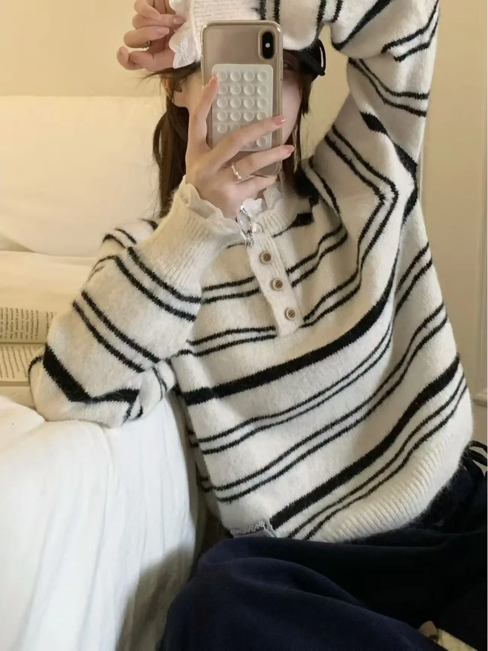 Maglione da donna Primavera Estate Autunno Petalo Bottone a righe Ne lavorato a maglia Lungo Sve Top Dolce Anti invecchiamento Pendolarismo Sle