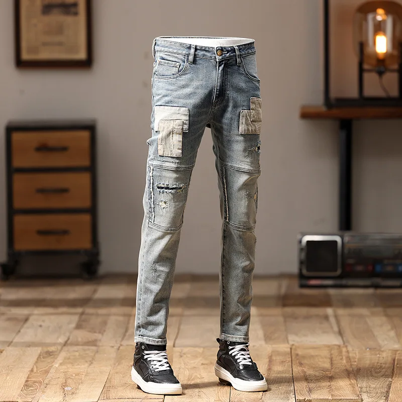 Nostalgic Retro Biker's Jeans Men's Stitching Patchwork Street Slim Fit Skinny Embroidered Ruan Handsome Personality Trousers