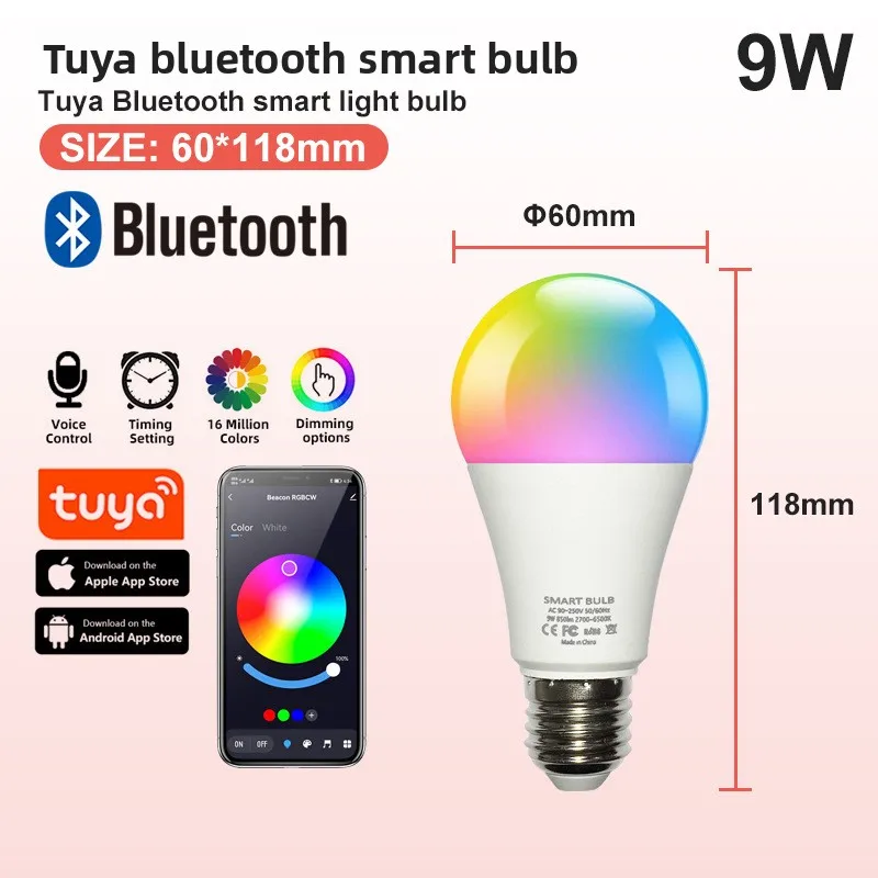 LED Smart Colorful Light Bulb, WiFi & Alexa Voice Control, RGBCW Dimmable & Color-Tunable, A19 Globe Bulb Tuya Compatible