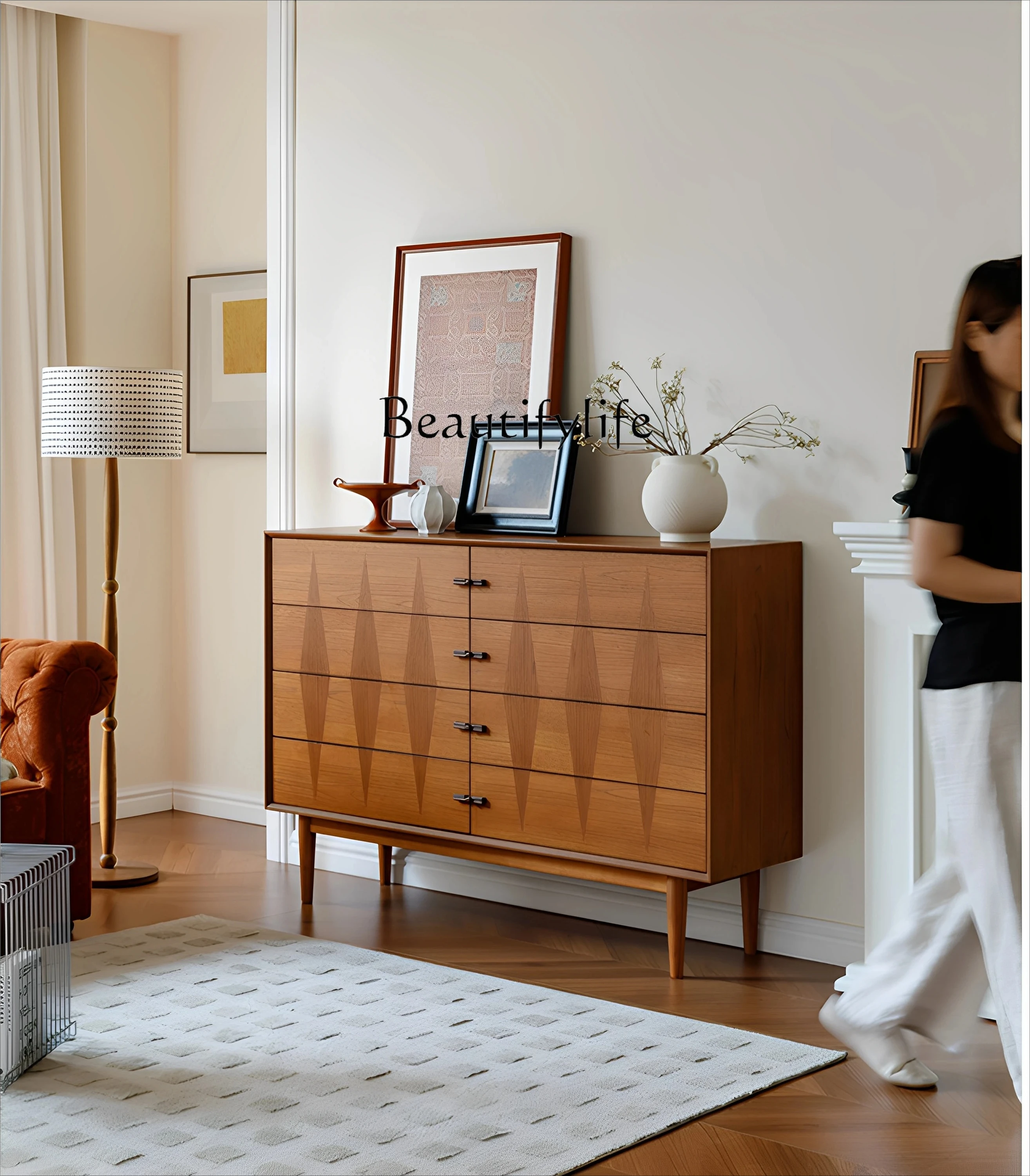 

ls 35 Vintage Solid Wood Finish French Retro Modern Minimalist Bedroom Bedside Eight-Drawer Cabinet