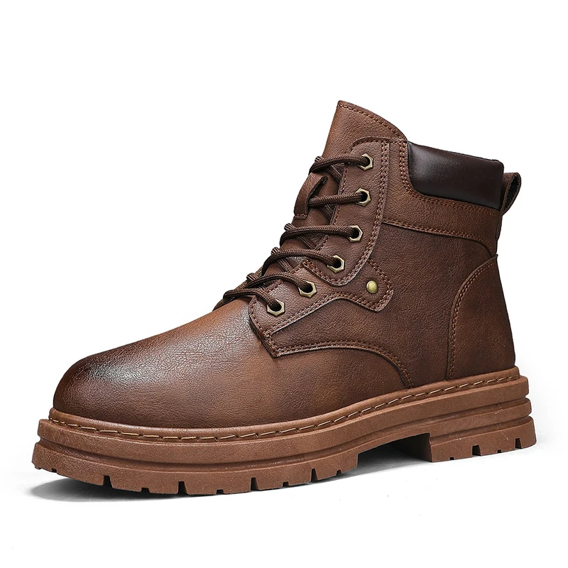 الرجال 2025 شتاء جديد منتصف أعلى الدانتيل متابعة سميكة سوليد أحذية العمل عالية أعلى الأحذية النمط البريطاني الرجعية أحذية بوت قصيرة