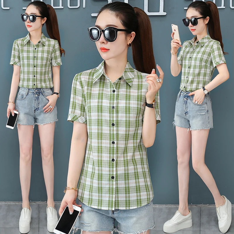 New Female Comfortable Cotton Checkered Short Sleeved Shirt For Women\'S Summer Thin Korean Fashion Casual Versatile Slim Fit Top