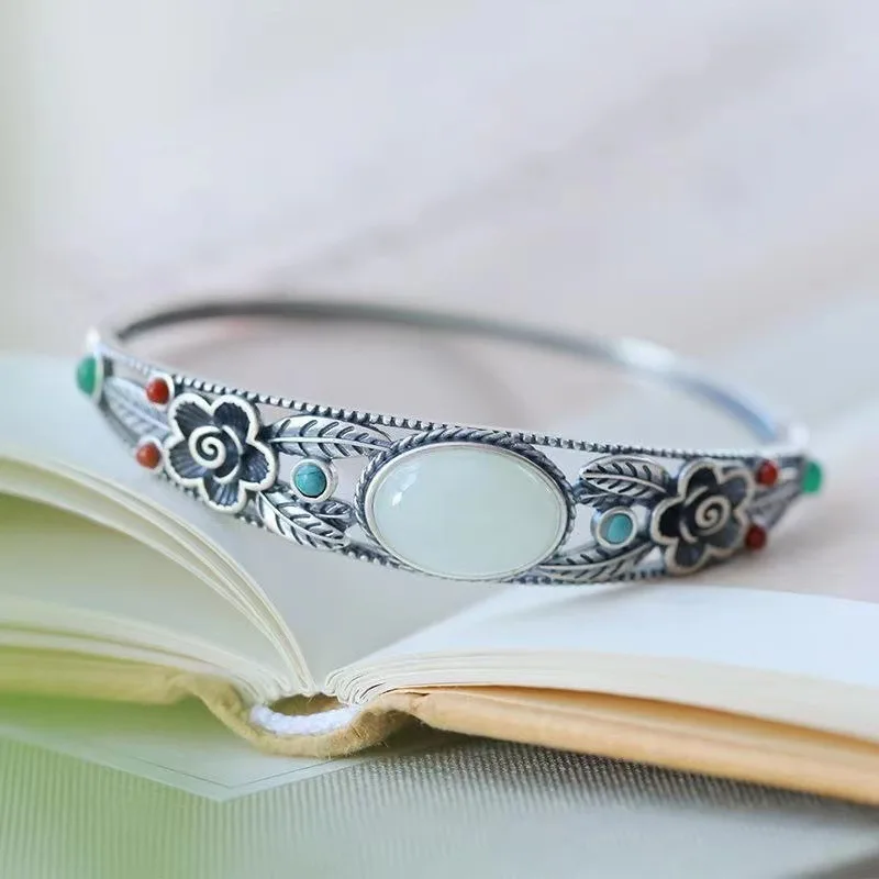 Natural Hetian jade bracelet Ancient gold craft pastoral style fashion bangles for women wedding jewelry  jade bracelet