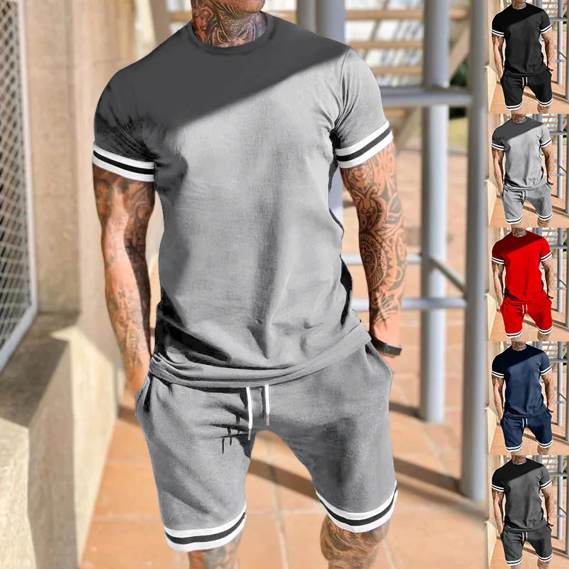 Summer New Men 2 Piece Set Tracksuits Casual Fashion Short Sleeves T-shirt+shorts Pants Suits Mens Clothing Breathable Outfit