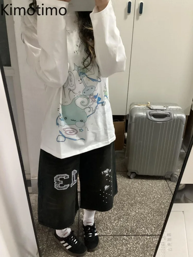 

Kimotimo Japanese Cute Graphic Printed White T-shirts Women Autumn Loose Round Neck Long Sleeve Tops Harajuku Y2k Vintage Tees