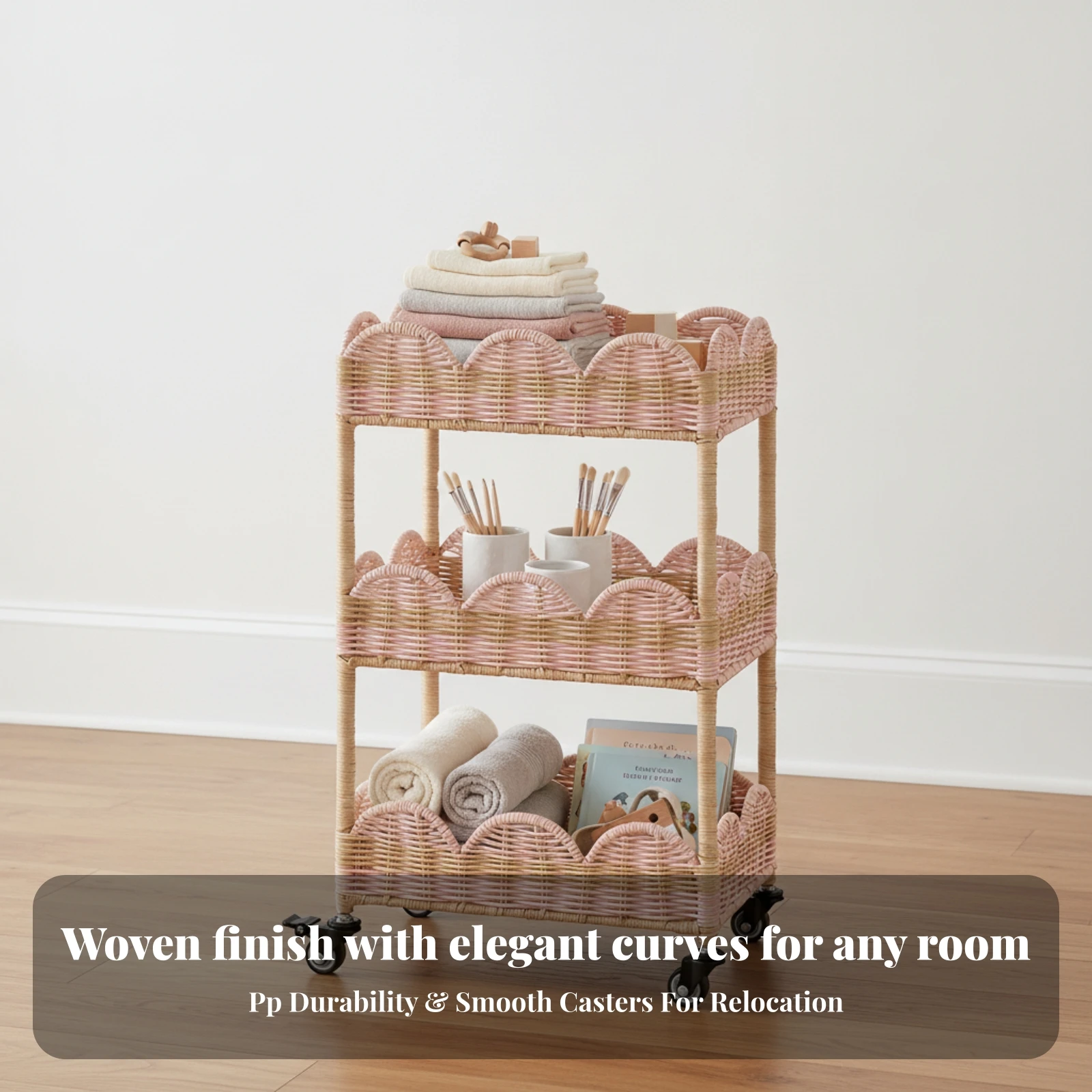 3-Tier Storage Rack with Wheels Multifunctional Rolling Storage Cart with Baskets Rolling Utility Cart Compact Furniture