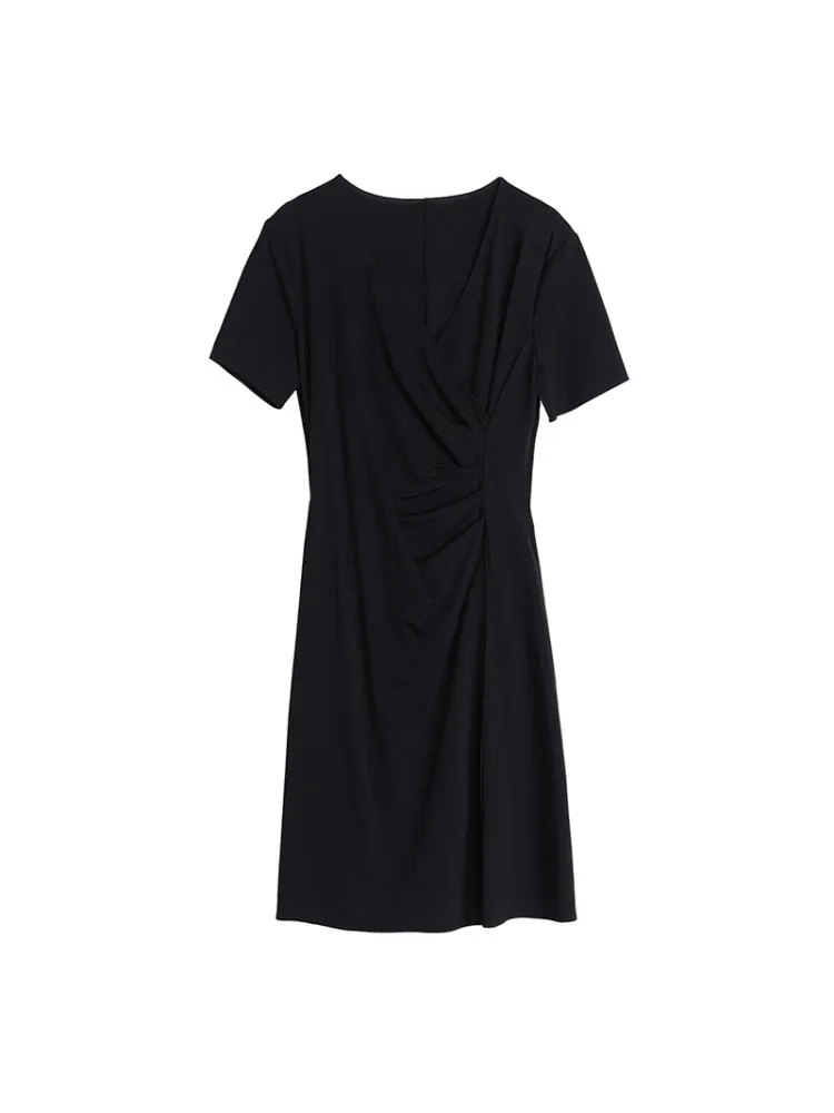 Krótka sukienka damska Prosty styl Dekolt w kształcie litery V Krótki rękaw Szczupła Formalna biurowa Lady Praca Impreza 2025 Lato