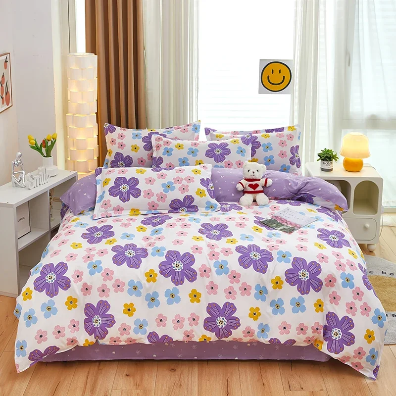 Purple Flower Duvet Cover Set 4pcs Colorful Floral Bedding with Flat Sheet Garden Style Comforter Sets for Woman Girl Bed Linens