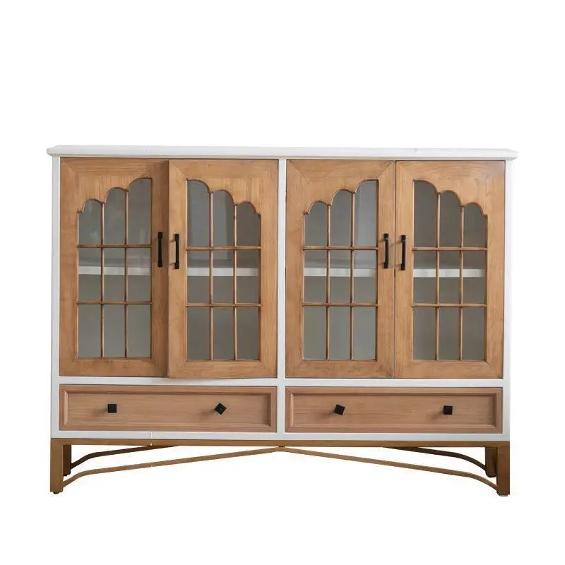 

side cabinet with glass door, living room against the wall, wabi-sandy wind retro cabinet, multi-layer locker, high cabinet