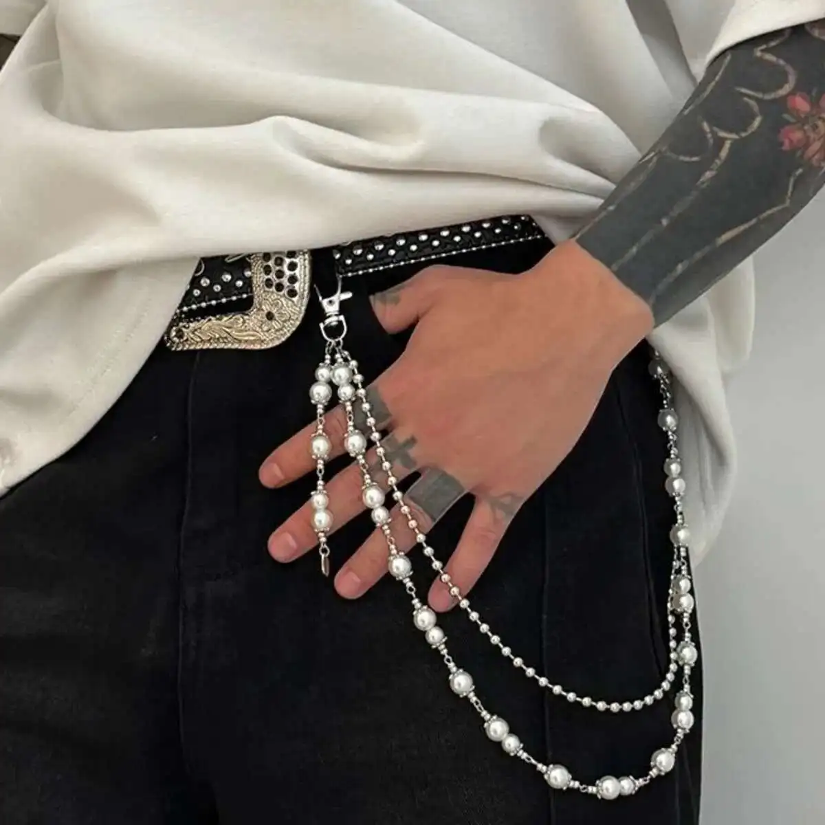 Salircon الشرير متعدد الطبقات تقليد اللؤلؤ جينز ساحر السراويل المفاتيح الرجال القوطي الخصر سلسلة حقيبة المحفظة سلسلة الذكور المجوهرات الجرونج