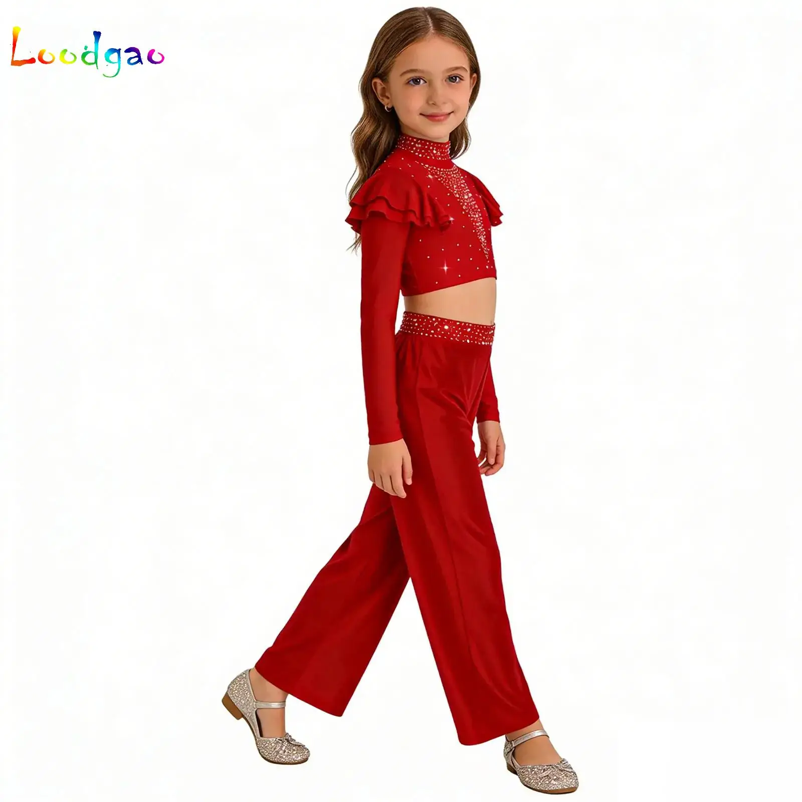 

Kids Girls Lyrical Dance Set Ballet Jazz Dance Practice Costume Long Sleeve Rhinestones Crop Top with Flared Dance Pants Outfit