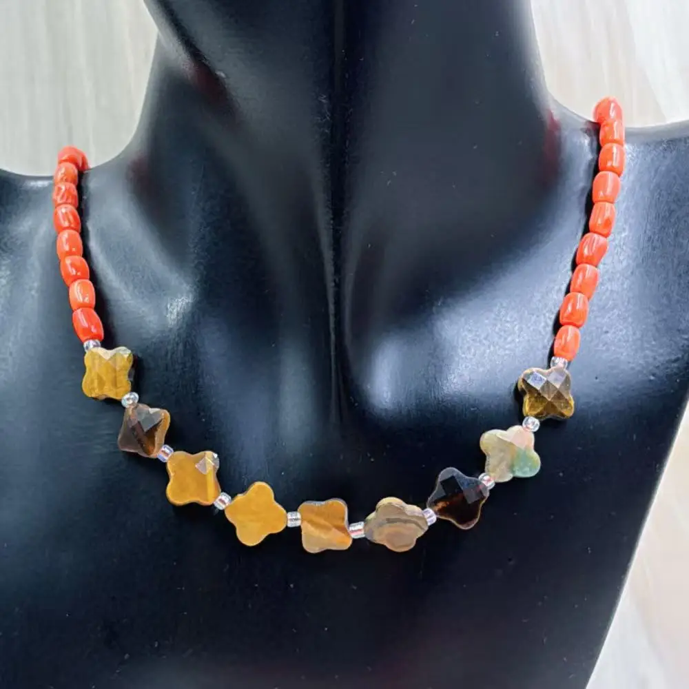 12mm 5x7mm Vintage Flower Tiger Eye Orange Natural Sea Bamboo Coral Retro Choker Necklace 17-20inch