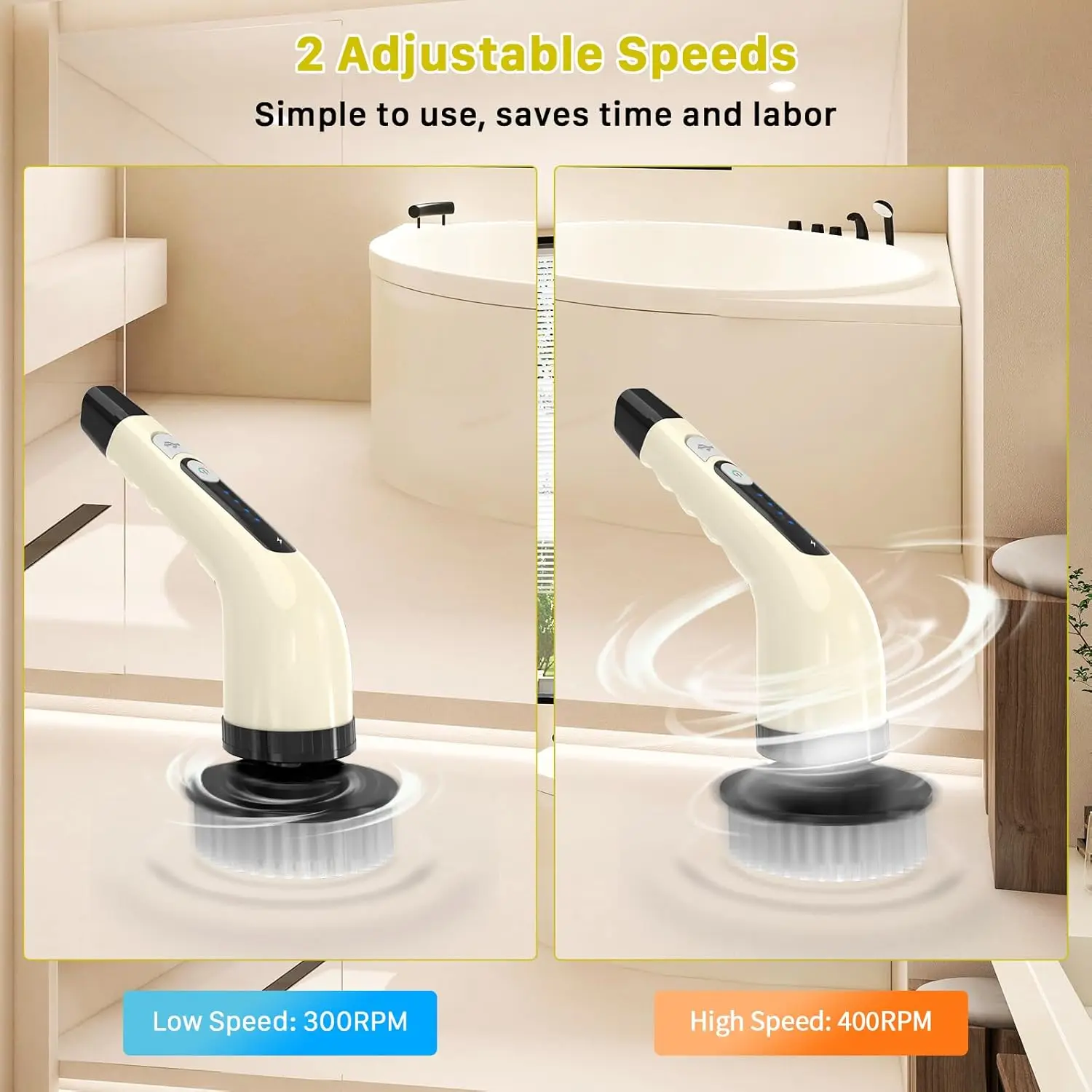 전기 회전 스크러버, 무선 청소 브러시, 7개의 교체 가능한 브러시가 있는 샤워 스크러버, 2단 속도 및 조절 가능한 연장 핸들