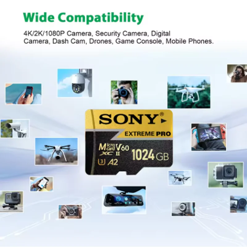 การ์ดหน่วยความจำ SONY 2025 รุ่นใหม่ V60 Extreme Pro Micro TF SD Card ความเร็วสูง 64GB 128GB 256GB 1TB 4K UHD สำหรับโทรศัพท์ คอมพิวเตอร์ กล้อง และโดรน