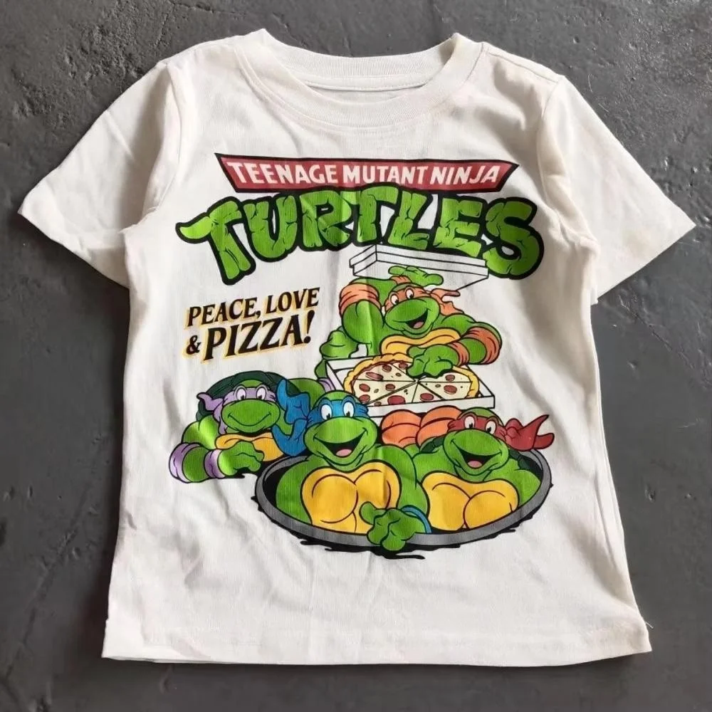 Latest Teenage Mutant Ninja Turtles Four Brothers Pizza Cotton T-shirt Nostalgic Anime Retro Loose Versatile Top