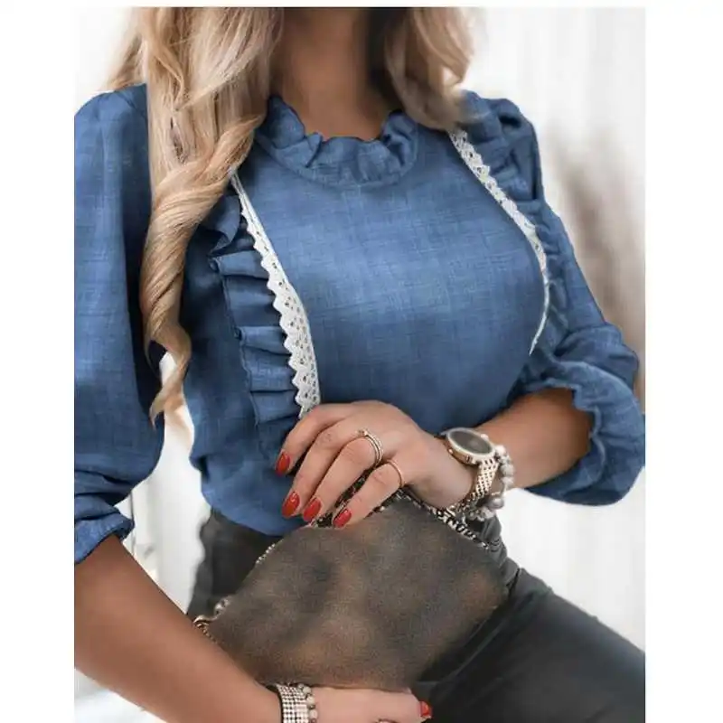 

Women's Ruffle Trim Splicing Blouse Cleanfit Sle A-Line Sve Thin Material ort Sve Autumn Spring Top