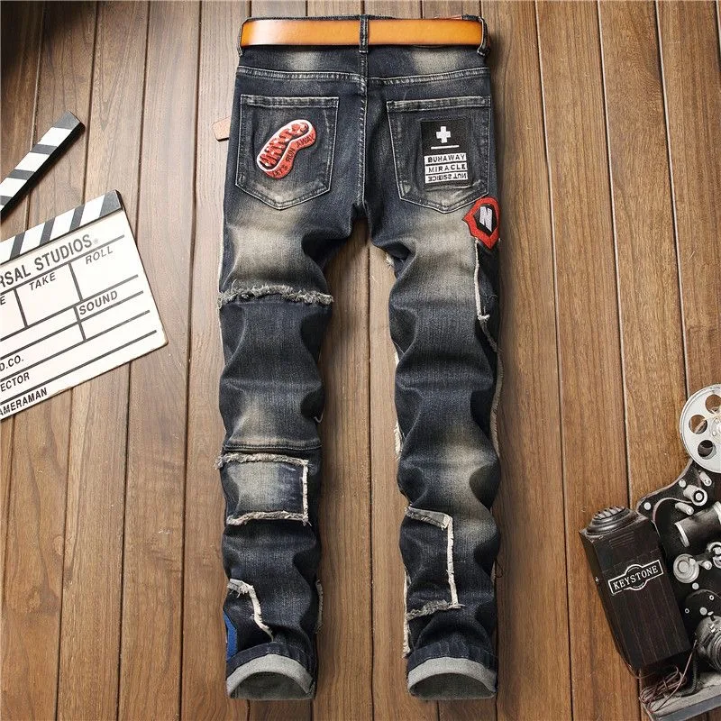 High-End Men's Slim Fit Retro Hole Patch Embroidery Badge Trendy Elastic Long Jeans Cotton Stretch Denim mid Waist Zipper Casual